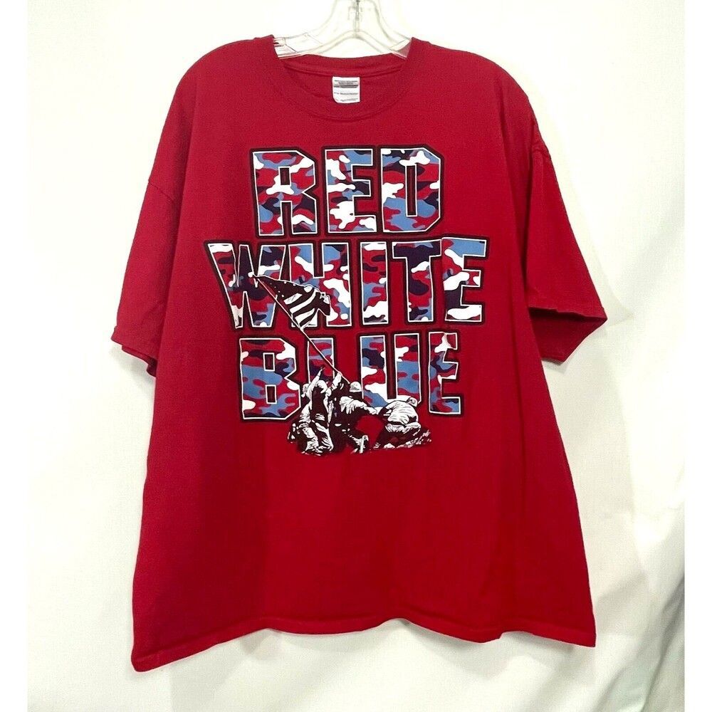 American T Shirt Mens 2XL Red Graphic Tee Patriotic Military Camo Red White Blue